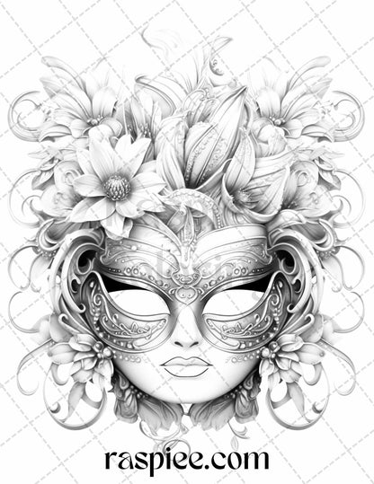 40 Masquerade Masks Grayscale Coloring Pages Printable for Adults, PDF File Instant Download