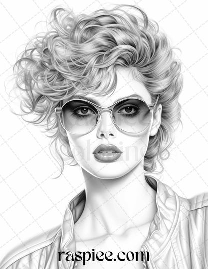 1980s Retro Beautiful Women Grayscale Coloring Pages for Adults, PDF File Instant Download