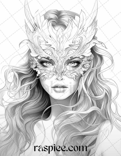 40 Masquerade Girls Grayscale Coloring Pages Printable for Adults, PDF File Instant Download