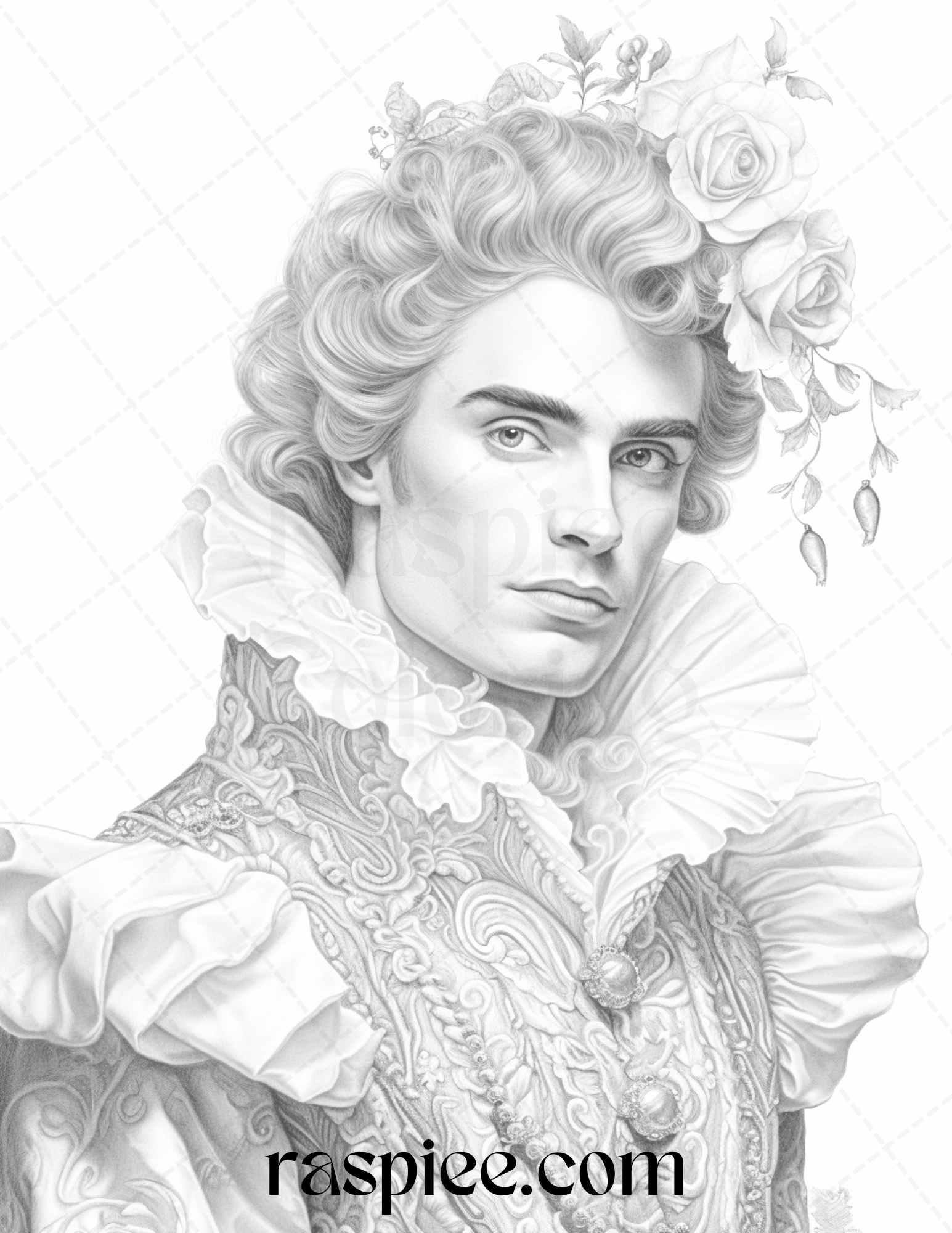 50 Baroque Man Portrait Grayscale Graysale Coloring Pages Printable for Adults, PDF File Instant Download