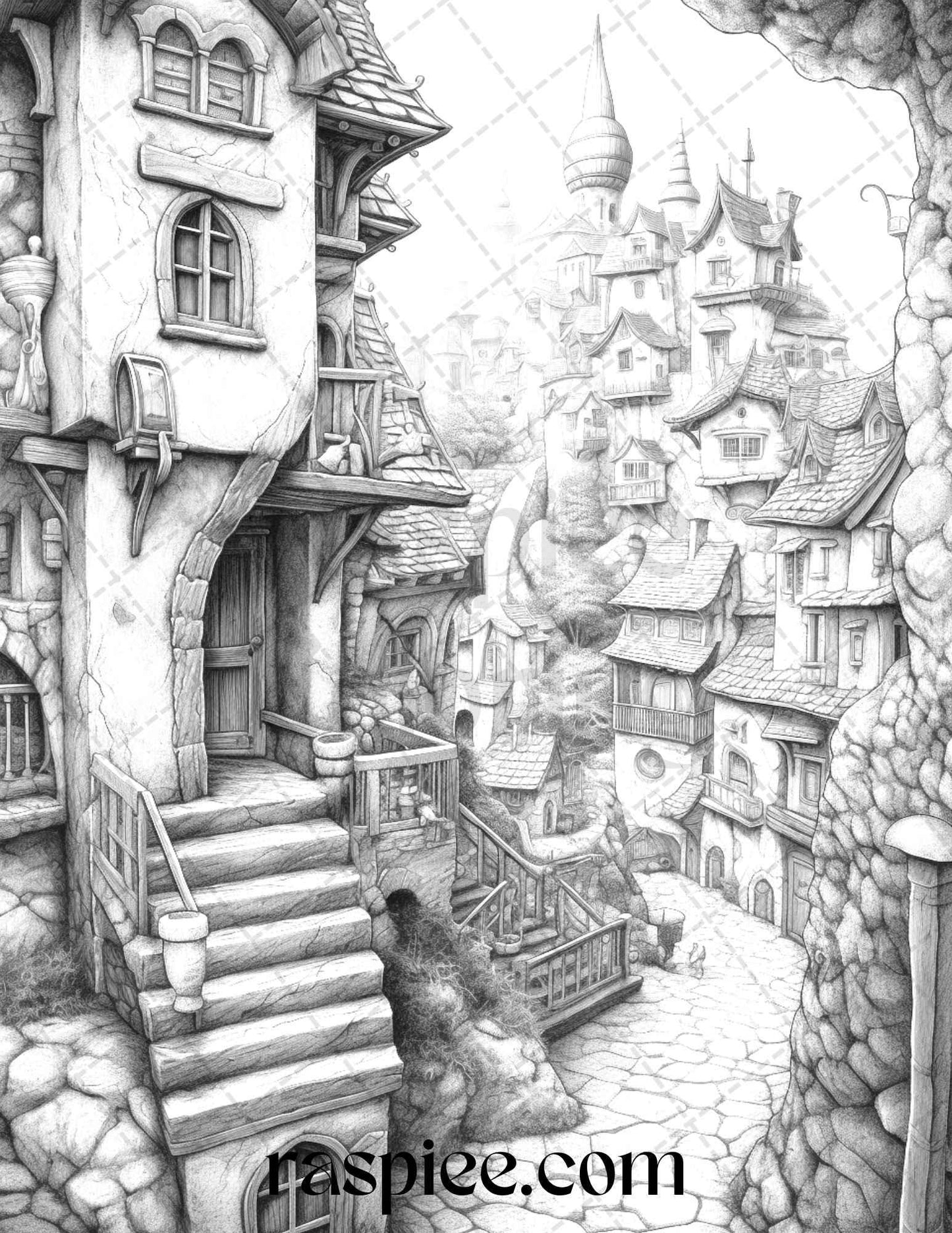 40 Fantasy Village Grayscale Coloring Pages Printable for Adults, PDF File Instant Download