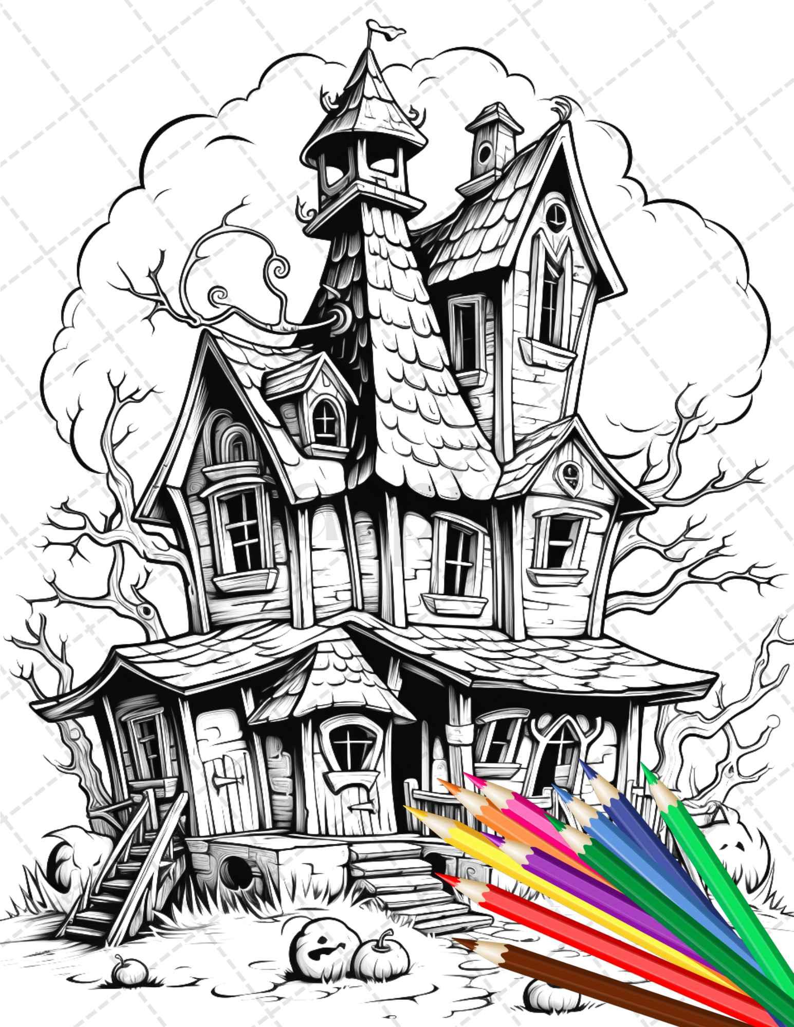 32 Spooky Houses Coloring Pages Printable for Adults, Grayscale Coloring Page, PDF File Instant Download