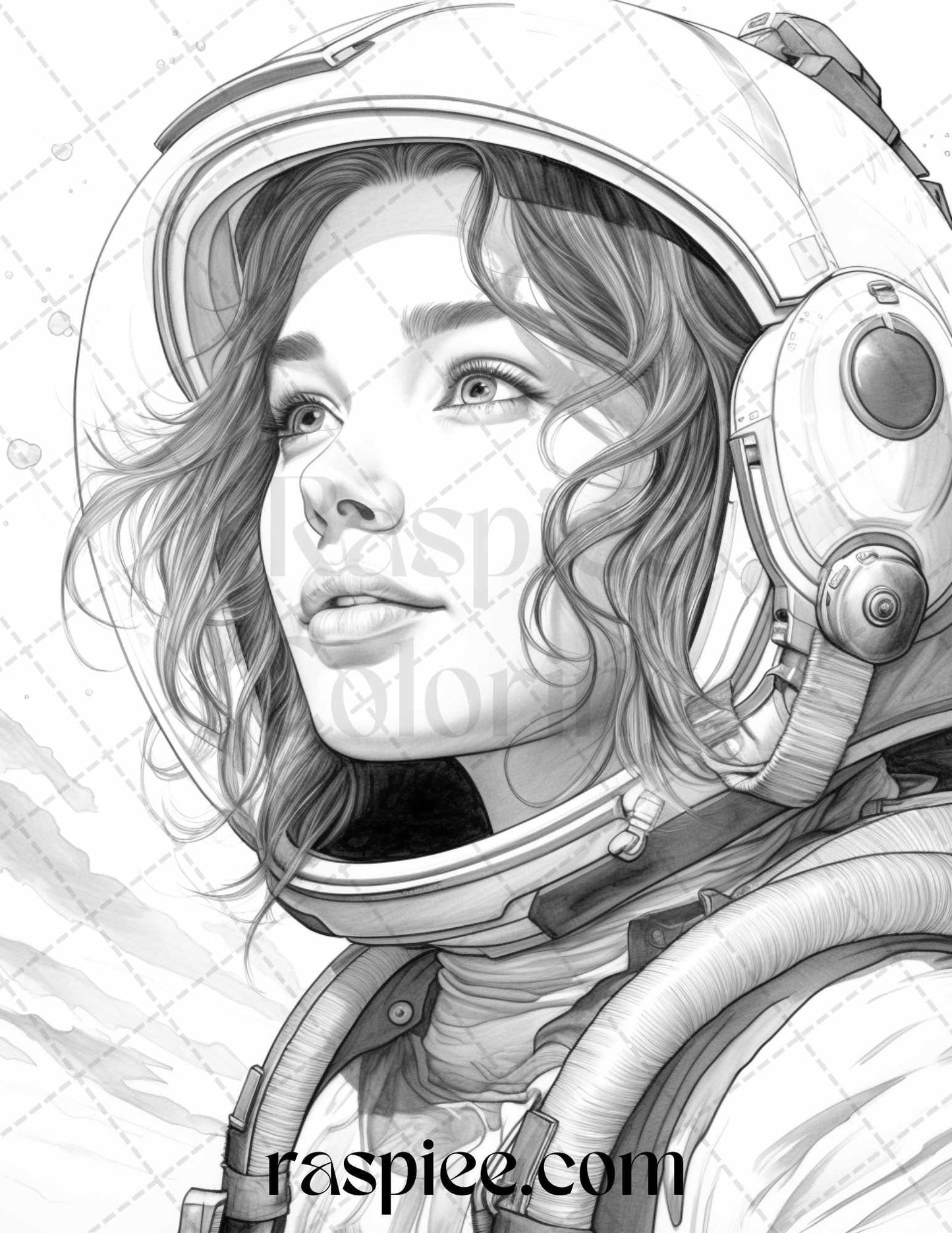 50 Astronaut Girl Portrait Grayscale Coloring Pages Printable for Adults, PDF File Instant Download