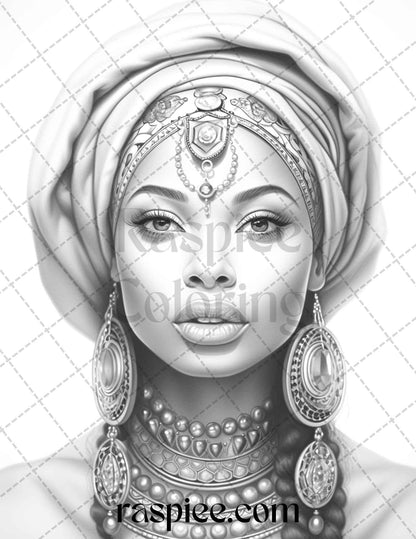 40 Beautiful African Women Grayscale Coloring Pages Printable for Adults, PDF File Instant Download