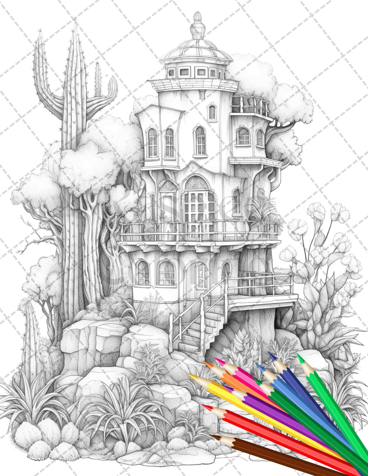 46 Fantasy Cactus Houses Grayscale Coloring Pages Printable for Adults, PDF File Instant Download