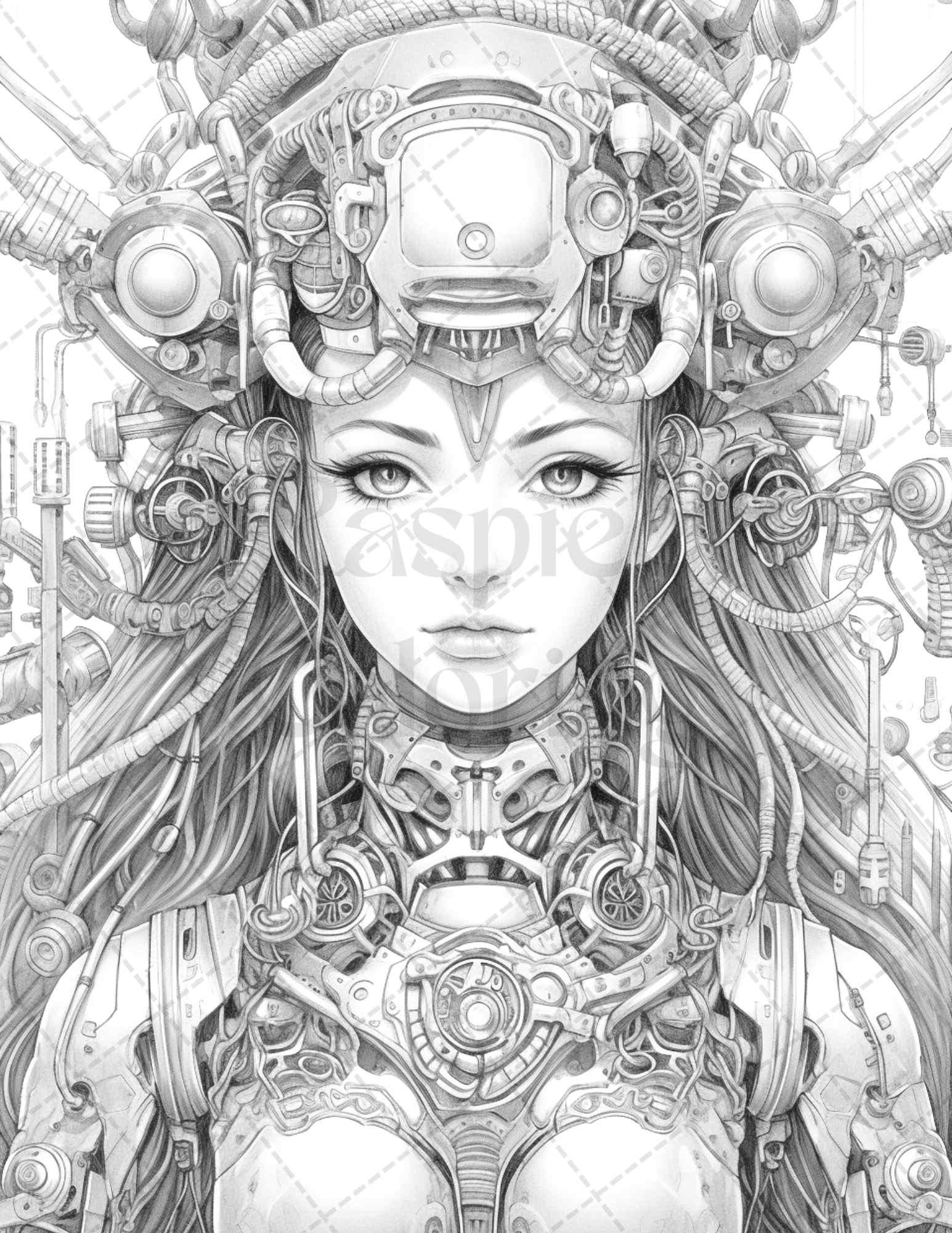 40 Beautiful Cyborg Girls Grayscale Coloring Pages Printable for Adults, PDF File Instant Download