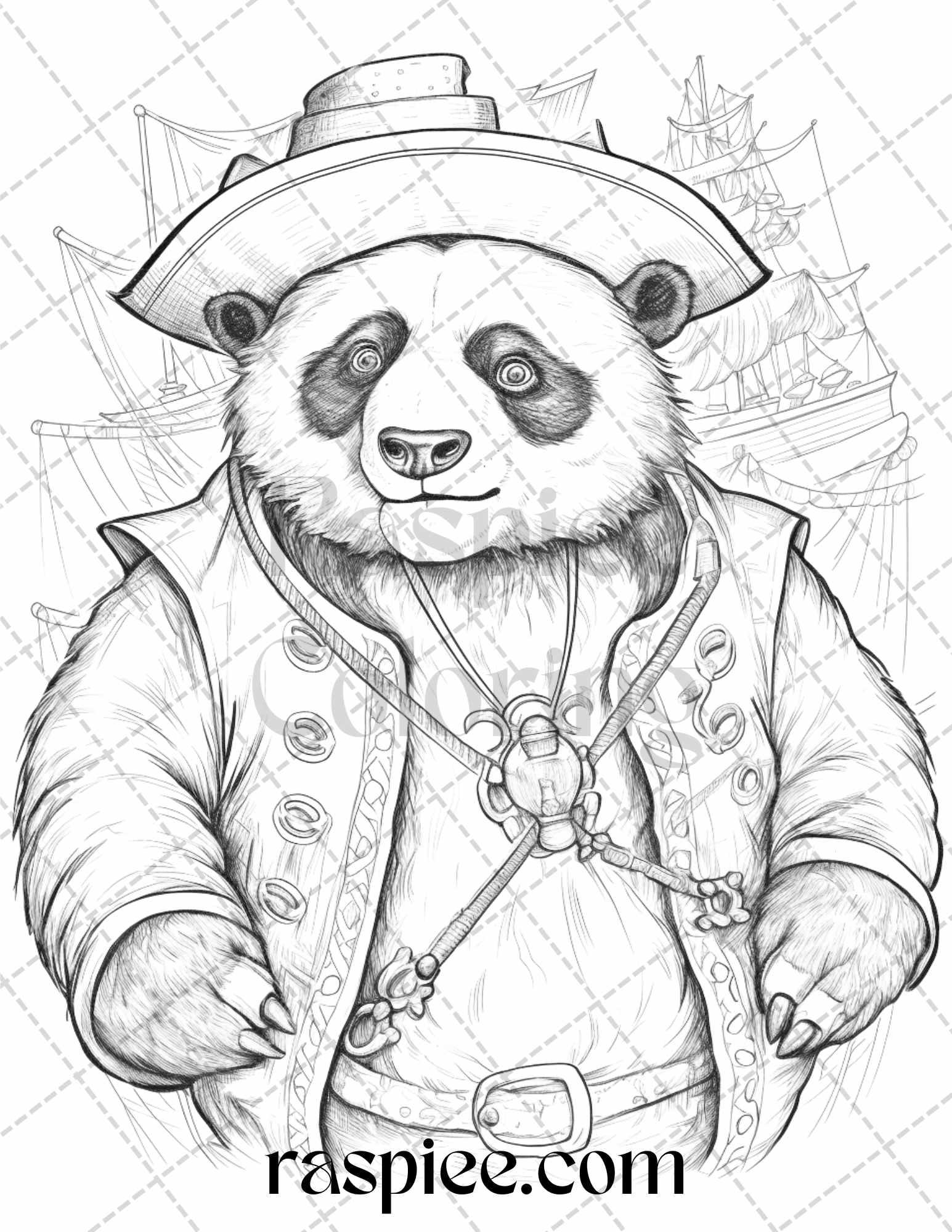 40 Pirate Animals Grayscale Coloring Pages Printable for Adults, PDF File Instant Download