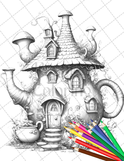 40 Teapot Fairy Houses Grayscale Coloring Pages Printable for Adults, PDF File Instant Download