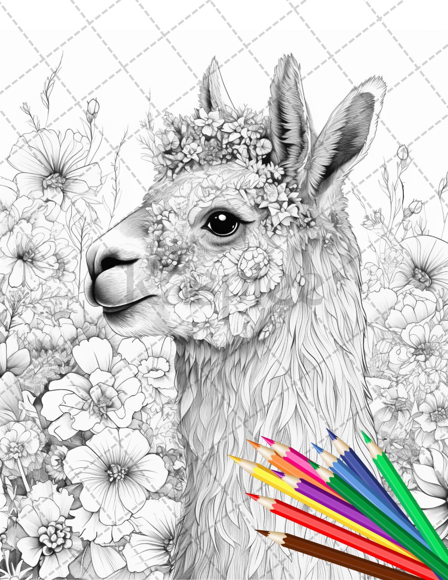 30 Animal Floral Printable Coloring Pages for Adults, Grayscale Coloring Book, Printable PDF File Download