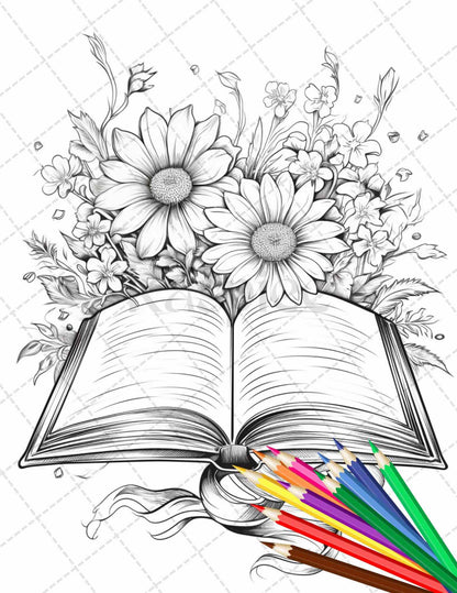 31 Book Flowers Coloring Pages Printable for Adults, Grayscale Coloring Page, PDF File Instant Download