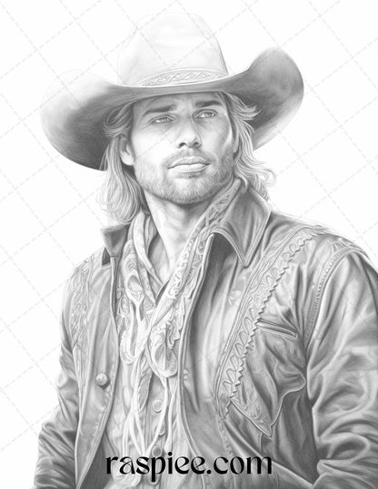 45 Wild West Cowboys Grayscale Coloring Pages Printable for Adults, PDF File Instant Download