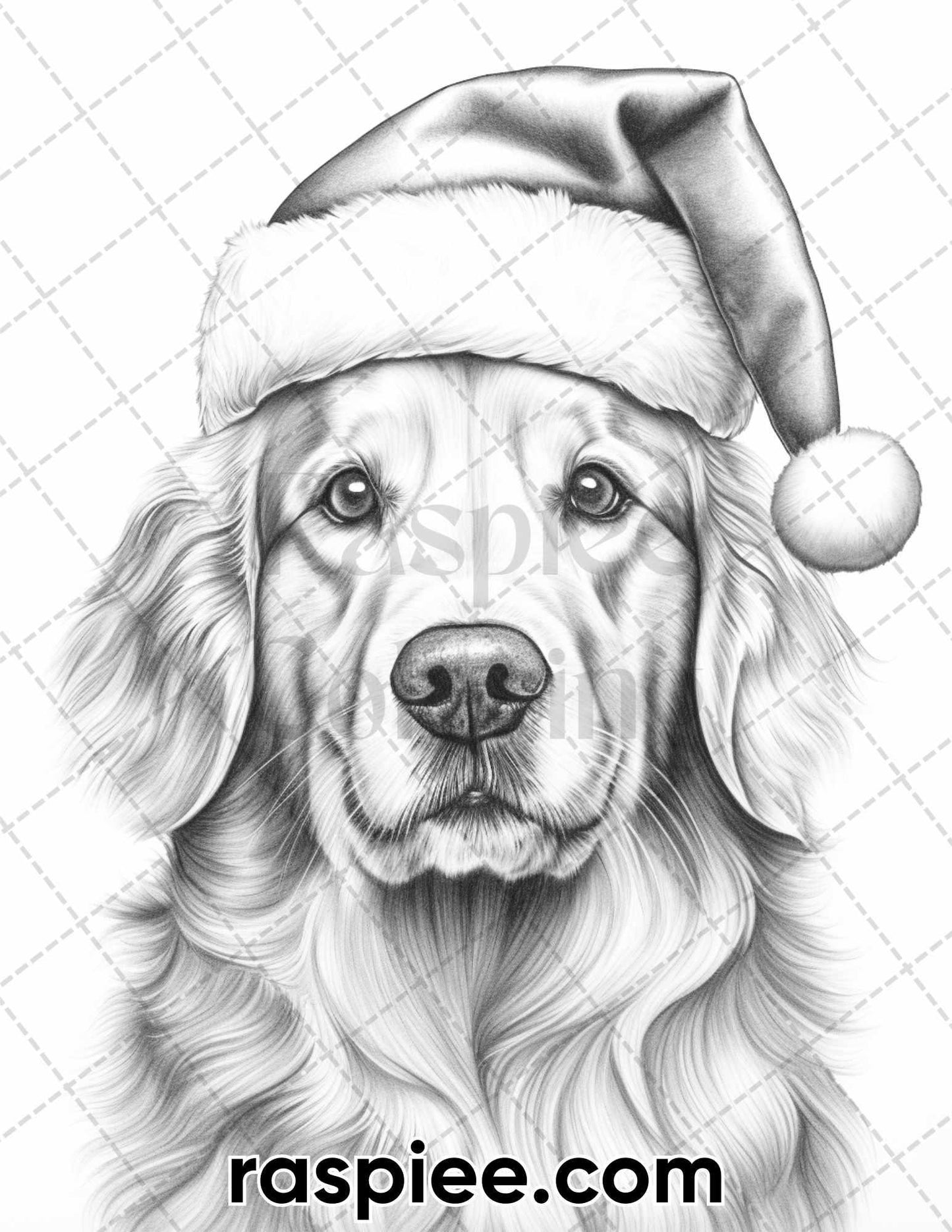 45 Christmas Dogs Grayscale Coloring Pages for Adults, Printable PDF Instant Download