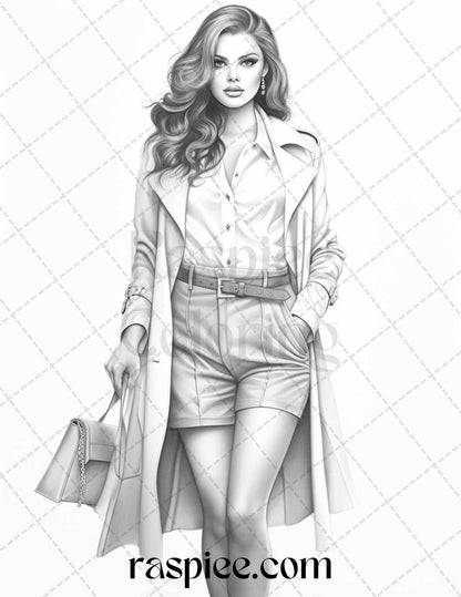 40 Fall Fashion Grayscale Coloring Pages for Adults, Printable PDF File Instant Download