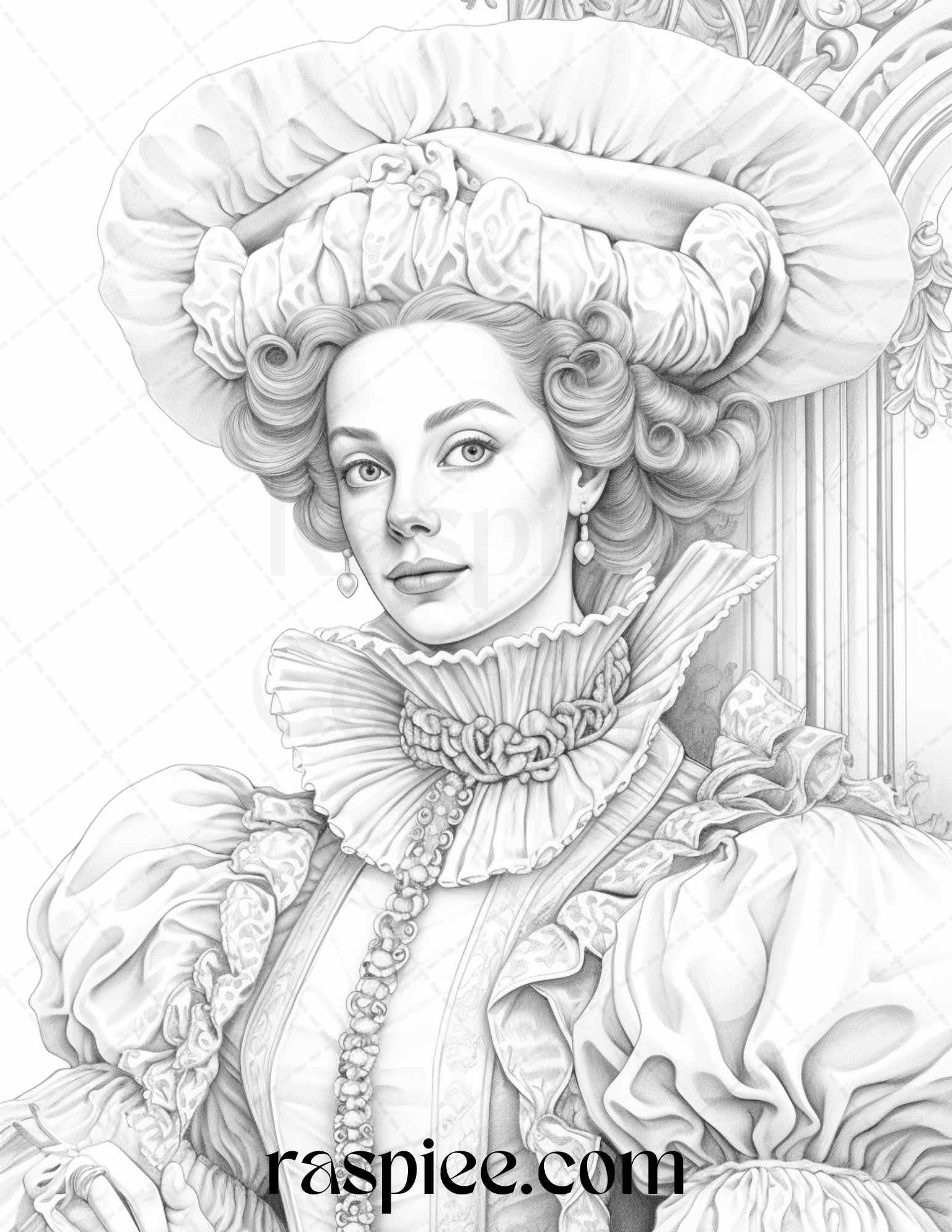 40 Baroque Women Portrait Grayscale Adult Coloring Pages Printable, PDF File Instant Download