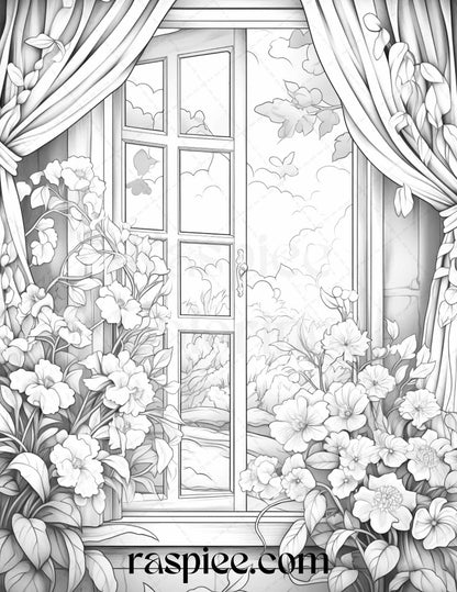 50 Blooming Windows Grayscale Coloring Pages Printable for Adults, PDF File Instant Download