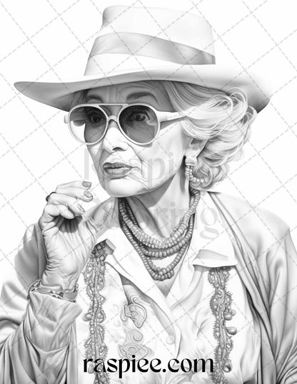 40 Fashionista Grandma Grayscale Coloring Pages Printable for Adults, PDF File Instant Download