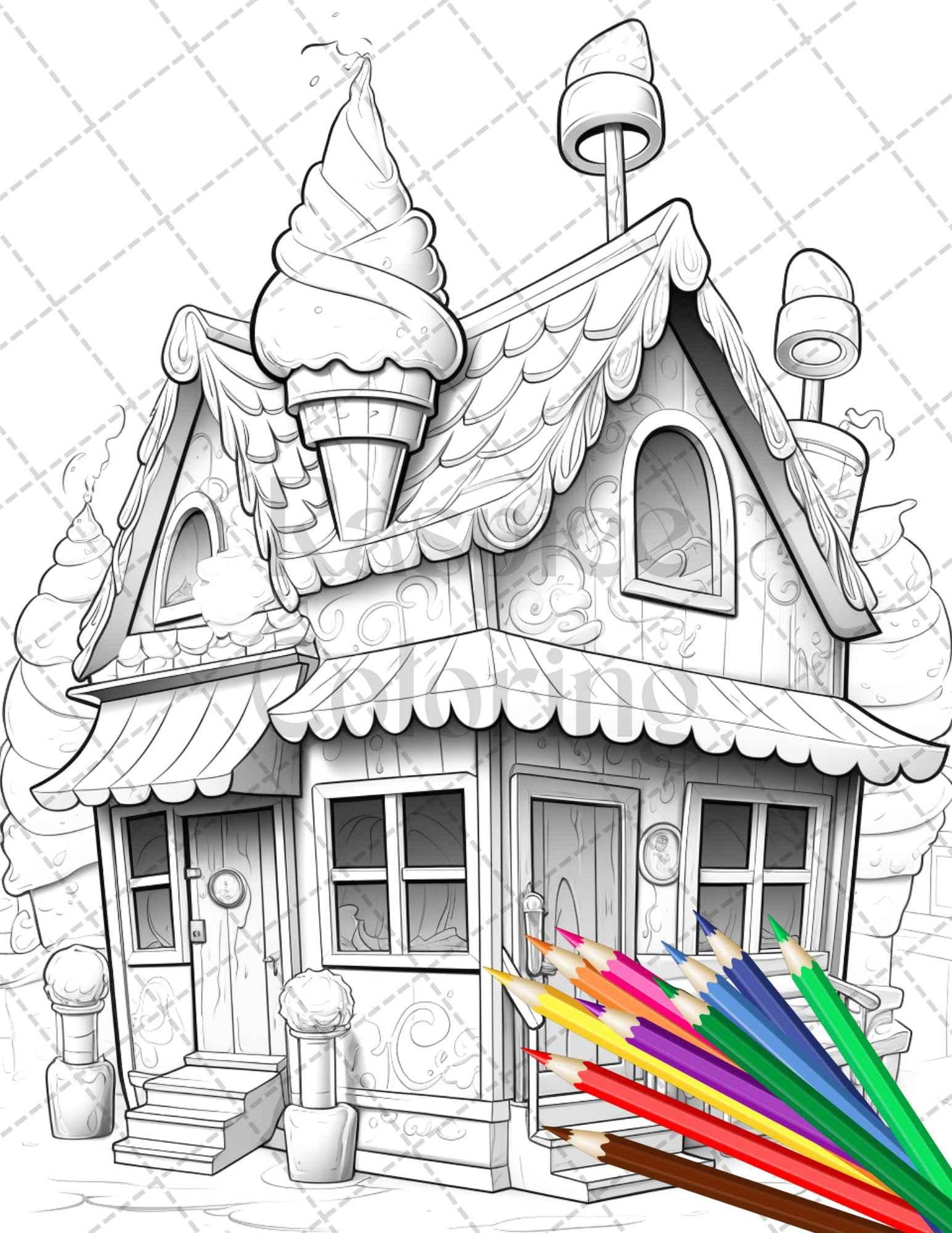 33 Ice Cream Houses Grayscale Coloring Pages Printable for Adults and Kids, PDF File Instant Download