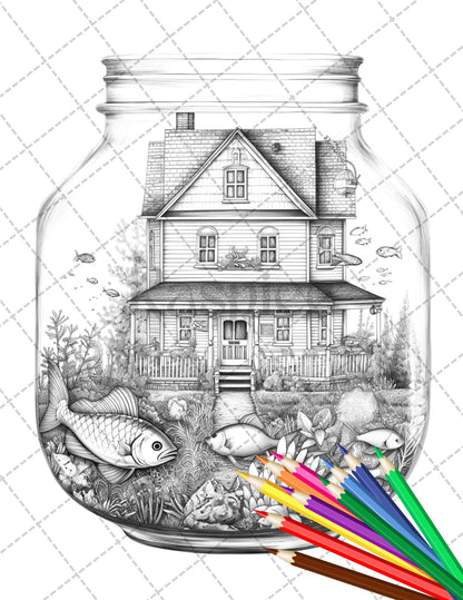 34 Fishtank Houses Coloring Book for Adults, Grayscale Coloring Page, Printable PDF Instant Download