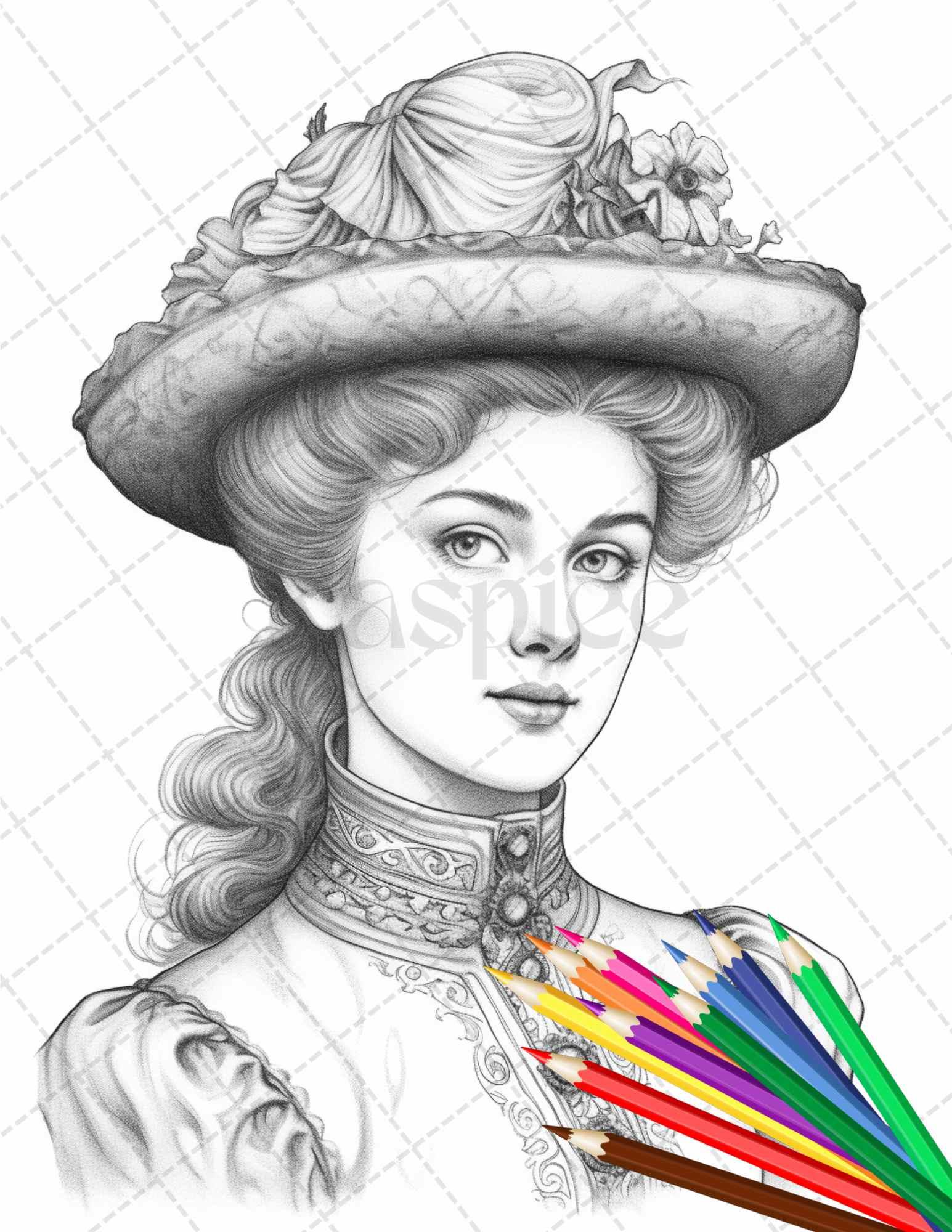 43 Beautiful Victorian Women Grayscale Coloring Pages Printable for Adults, PDF File Instant Download