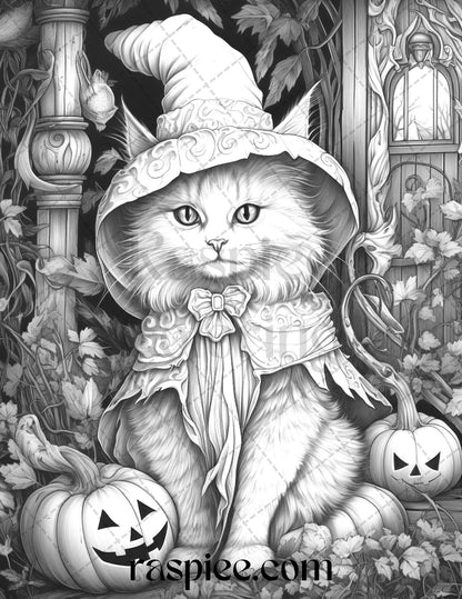 40 Halloween Witch Cat Grayscale Coloring Pages Printable for Adults, PDF File Instant Download