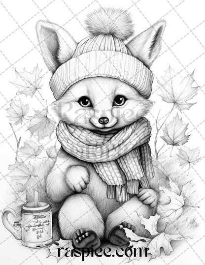 40 Cute Fall Animals Grayscale Coloring Pages Printable for Adults and Kids, PDF File Instant Download