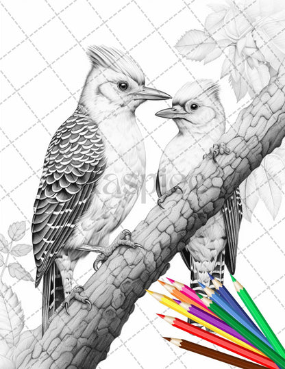 31 Tropical Birds Coloring Book for Adults, Grayscale Coloring Page, Printable PDF Instant Download