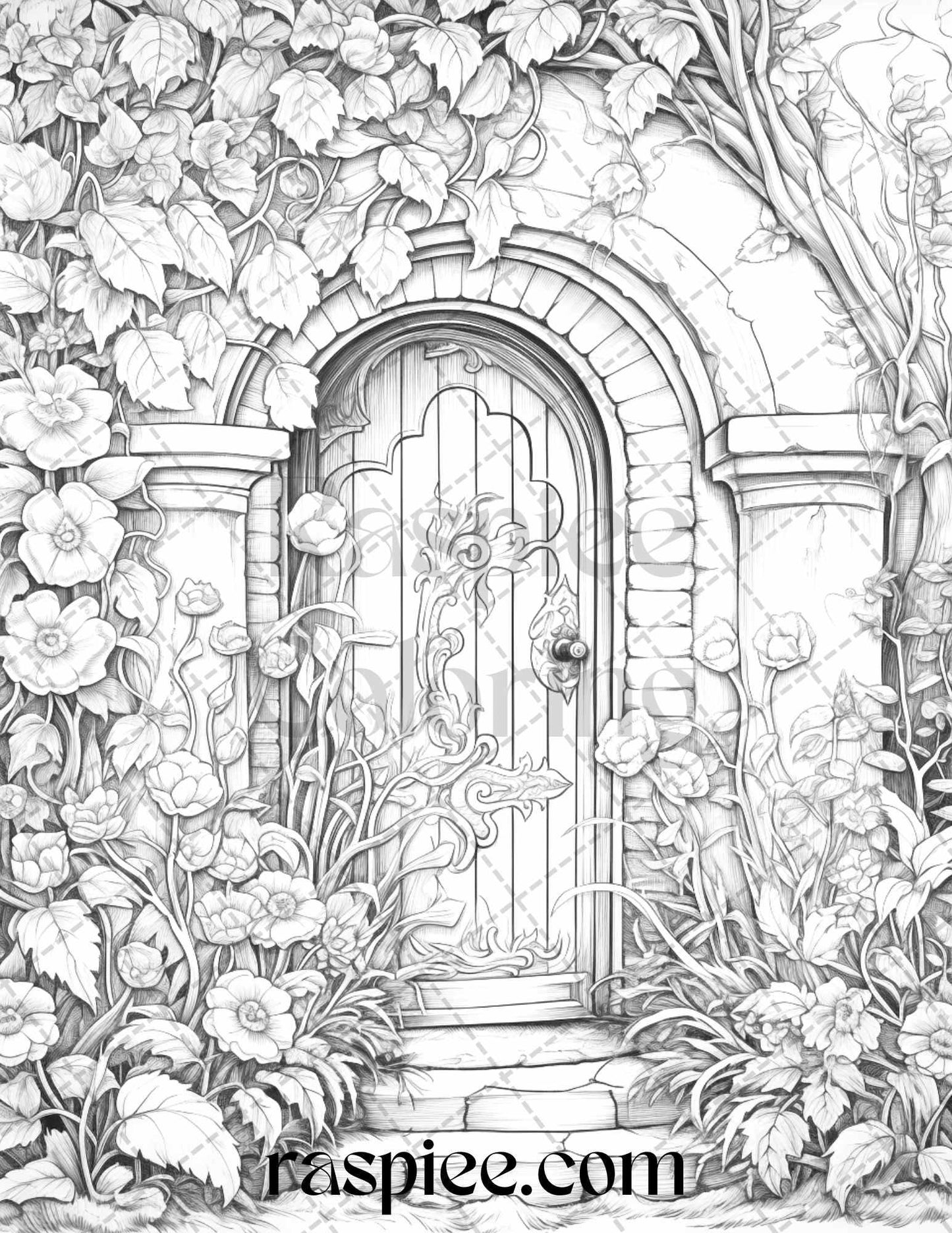 40 Flower Fairy Doors Grayscale Coloring Pages Printable for Adults, PDF File Instant Download