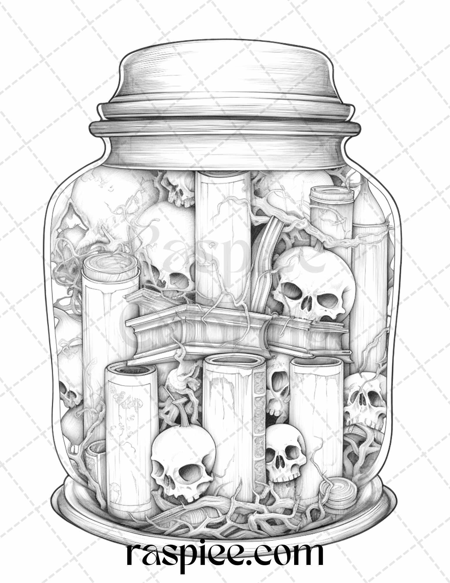 40 Halloween in Jar Grayscale Coloring Pages for Adults, Printable PDF File Instant Download