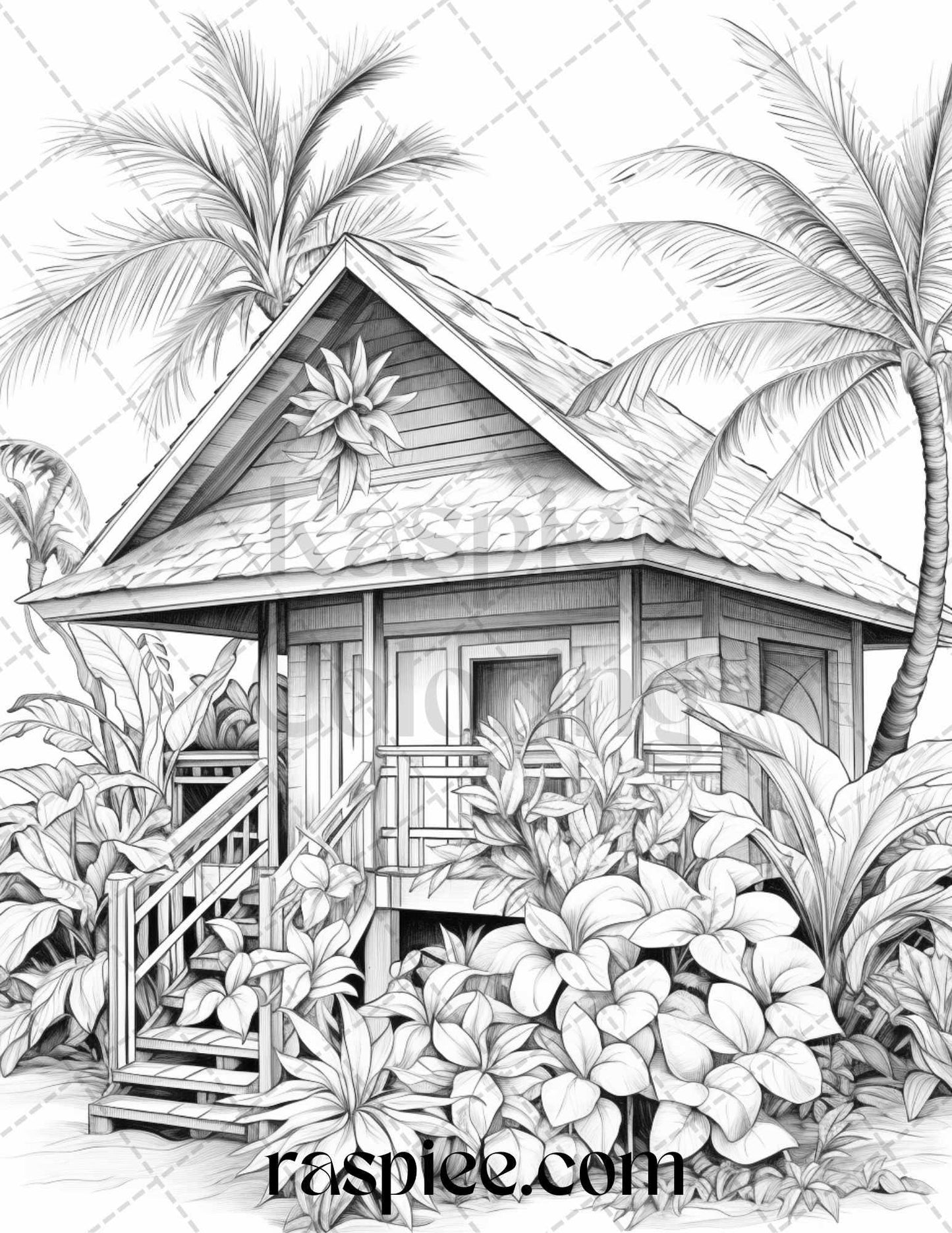 40 Hawaii Tiki Houses Grayscale Coloring Pages Printable for Adults, PDF File Instant Download