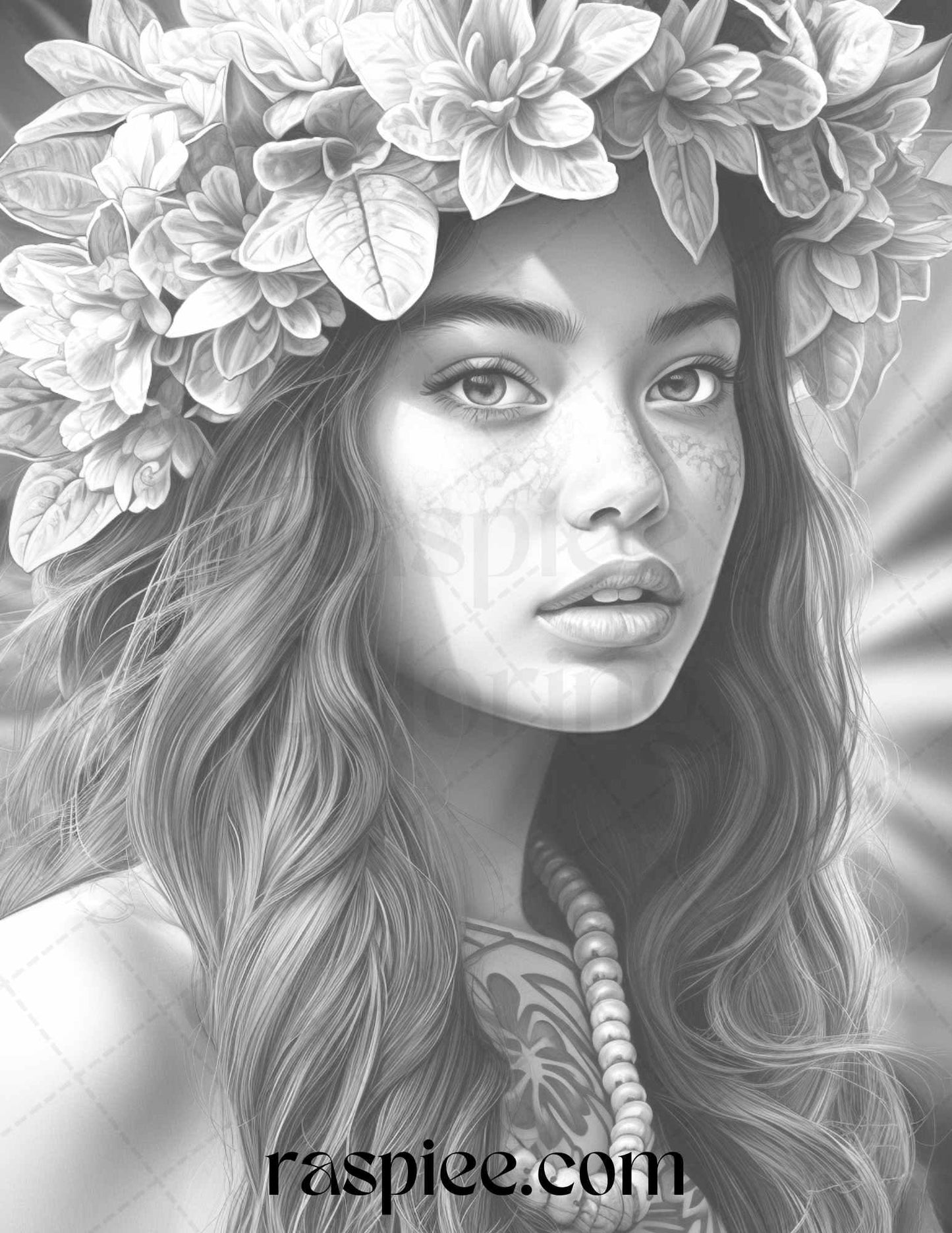 40 Hawaiian Girls Grayscale Coloring Pages Printable for Adults, PDF File Instant Download