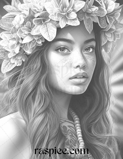 40 Hawaiian Girls Grayscale Coloring Pages Printable for Adults, PDF File Instant Download