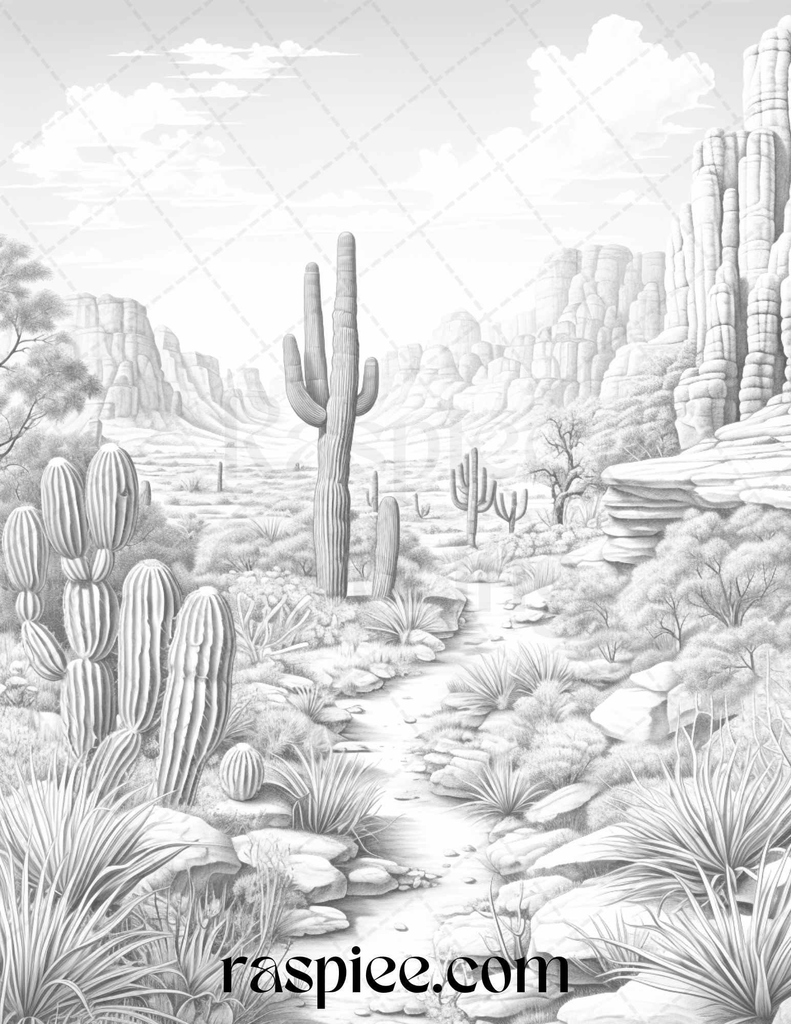 40 Desert Landscapes Grayscale Coloring Pages Printable for Adults, PDF File Instant Download