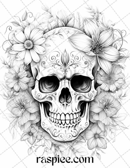 42 Floral Skull Grayscale Coloring Pages for Adults, Stress Relief Coloring Sheets, Printable PDF File Instant Download