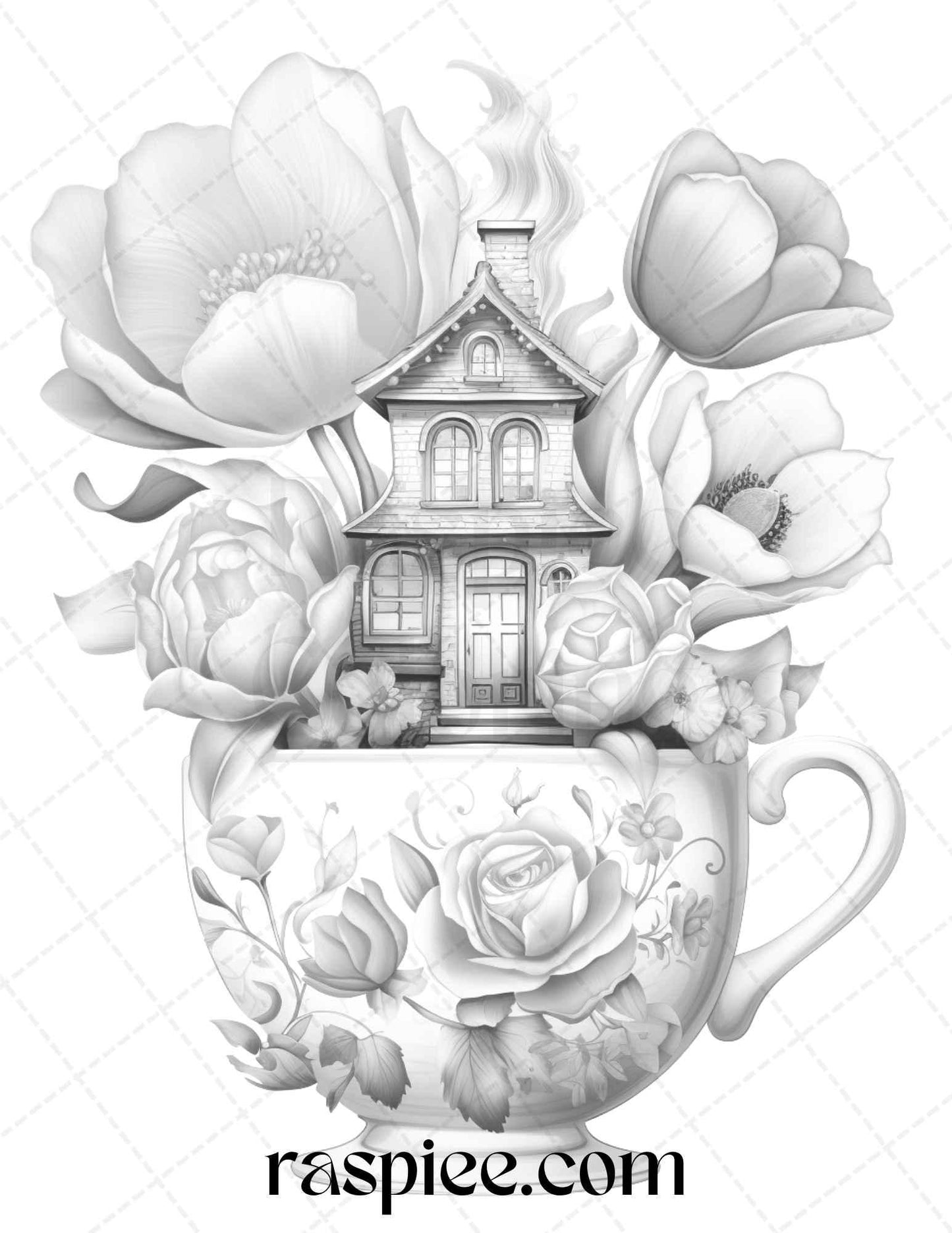 40 Flower Teacup Fairy Houses Grayscale Coloring Pages Printable for Adults, PDF File Instant Download