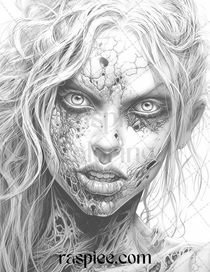 40 Scary Zombie Girls Grayscale Coloring Pages Printable for Adults, PDF File Instant Download