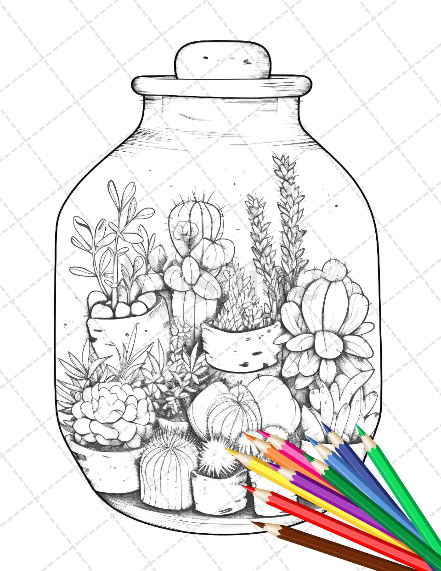 34 Enchanted Terrarium Grayscale Coloring Pages Printable for Adults, PDF File Instant Download