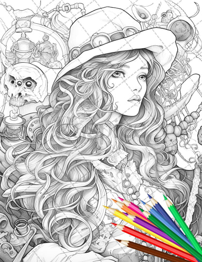 48 Beautiful Pirate Princess Coloring Book Printable for Adults, Grayscale Coloring Page, PDF File Instant Download