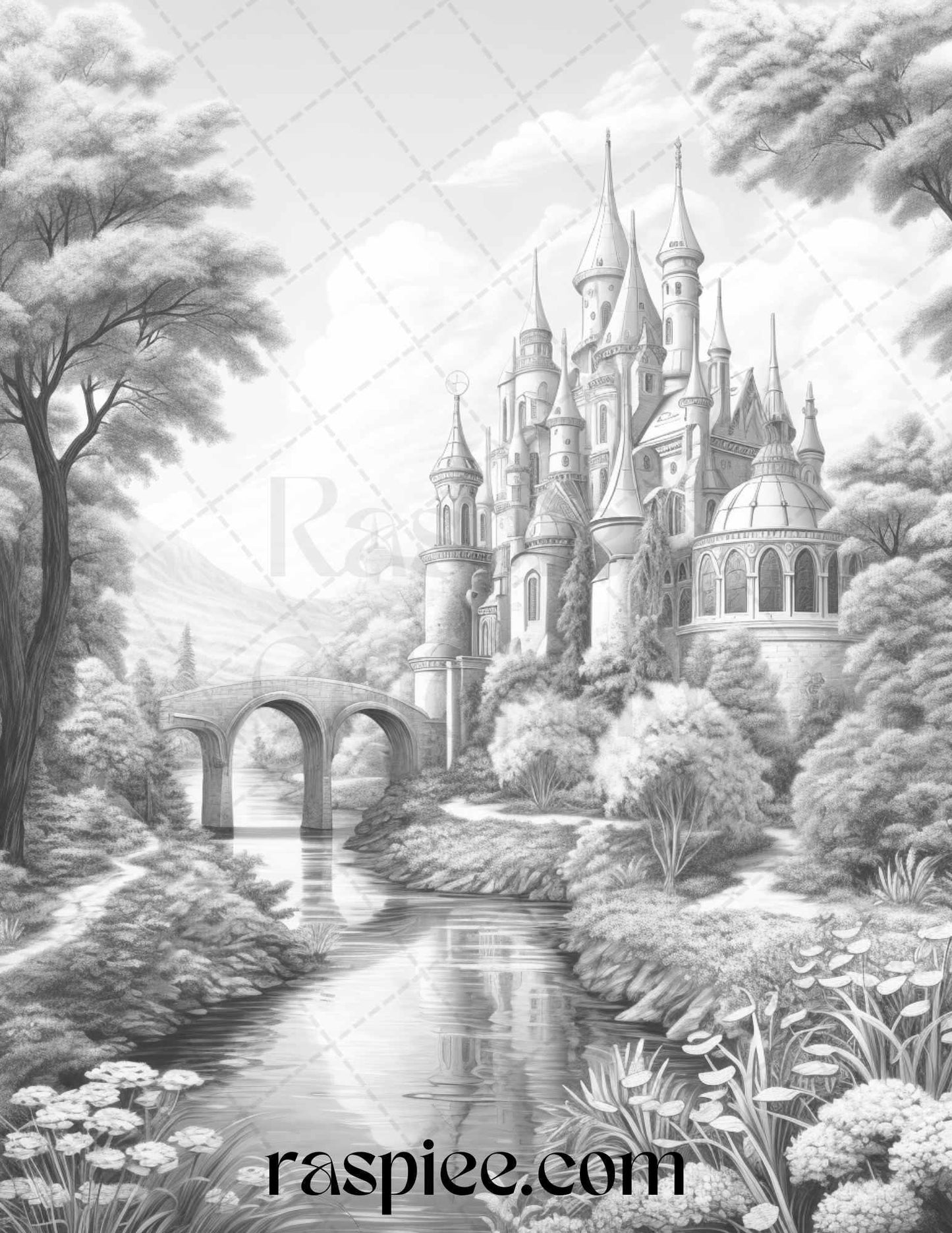 40 Fantasy Landscapes Grayscale Coloring Pages Printable for Adults, PDF File Instant Download