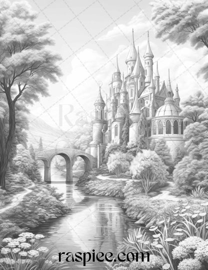 40 Fantasy Landscapes Grayscale Coloring Pages Printable for Adults, PDF File Instant Download