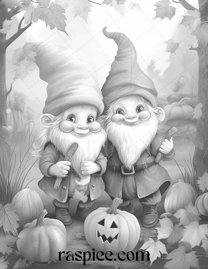 40 Fall Gnomes Grayscale Coloring Pages Printable for Adults Kids, PDF File Instant Download