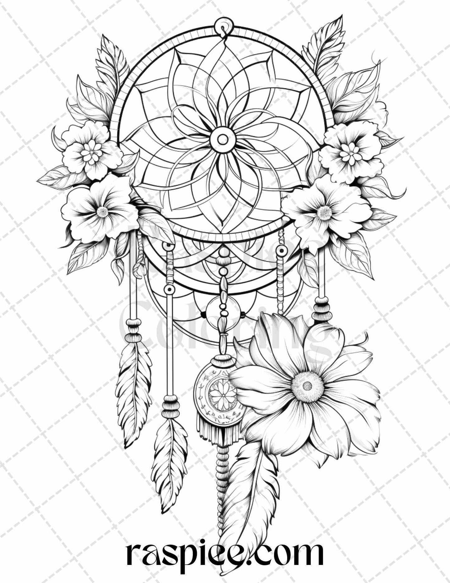 30 Flower Dreamcatcher Grayscale Coloring Pages Printable for Adults, PDF File Instant Download