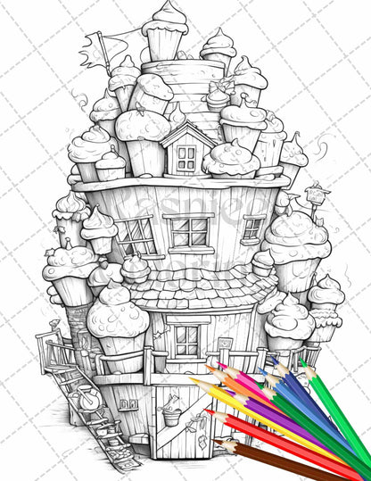 50 Adorable Cake Houses Grayscale Coloring Pages Printable for Adults and Kids, PDF File Instant Download