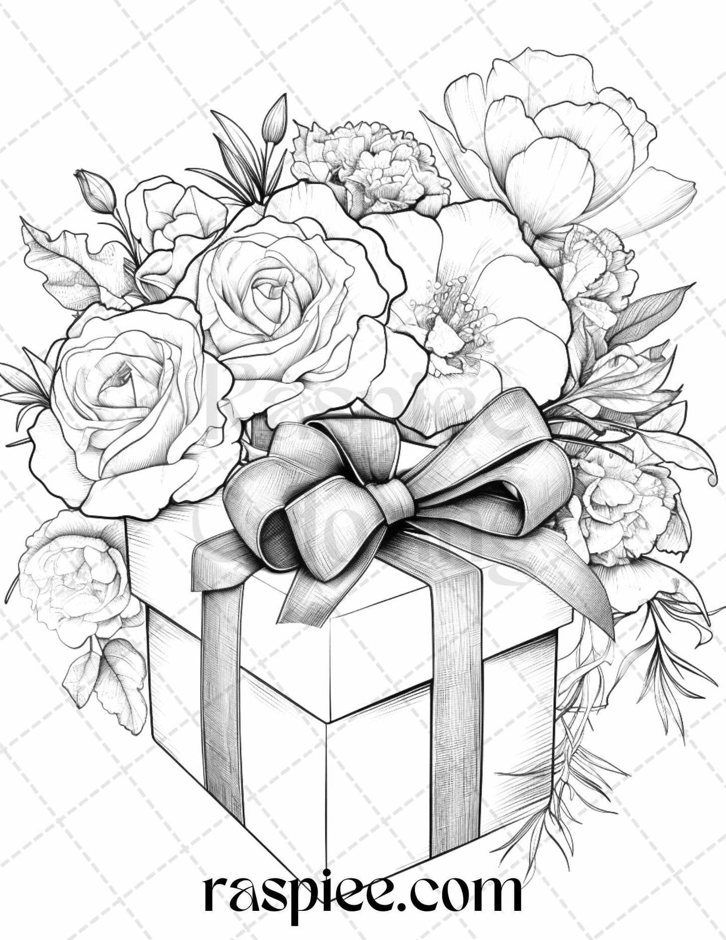 40 Flower Gift Box Grayscale Coloring Pages Printable for Adults Kids, PDF File Instant Download