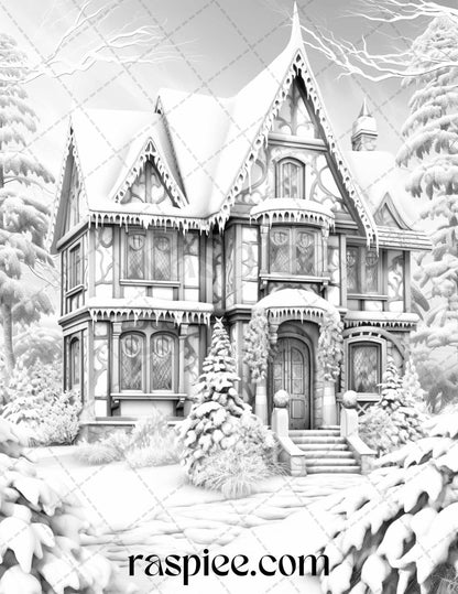 42 Fantasy Christmas Houses Grayscale Coloring Pages Printable for Adults, PDF File Instant Download