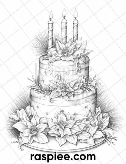 45 Christmas Cakes Grayscale Coloring Pages for Adults, Printable PDF File Instant Download