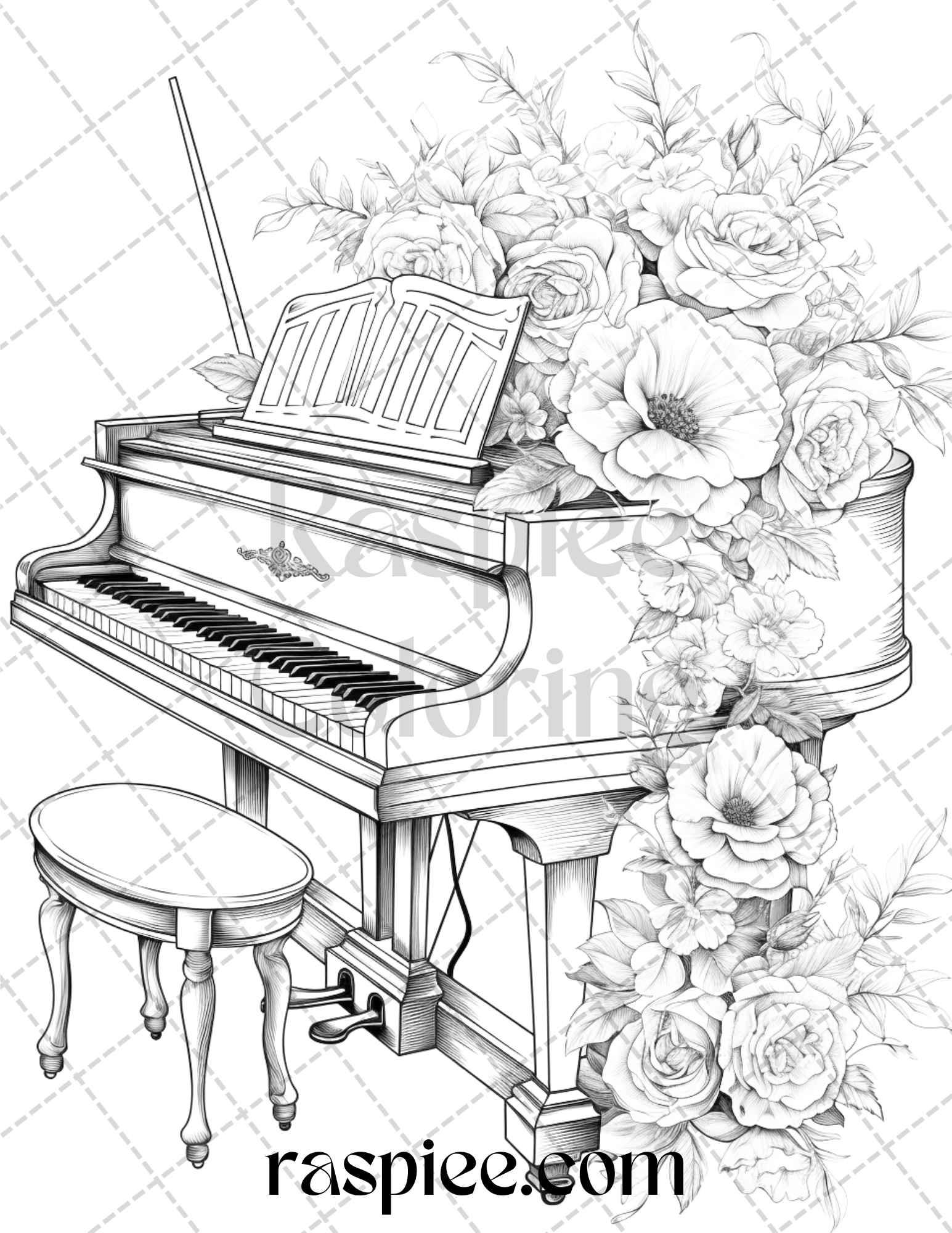 30 Musical Instrument Flower Grayscale Coloring Pages Printable for Adults, PDF File Instant Download