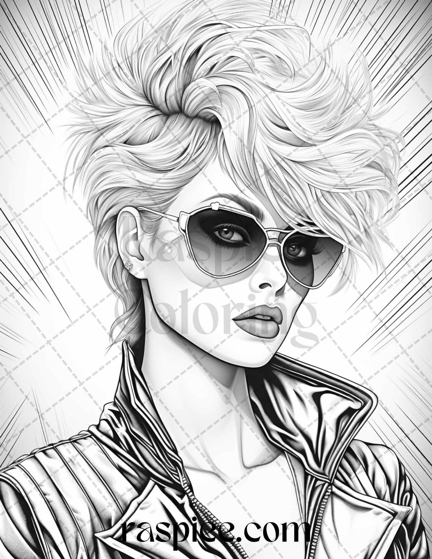 1980s New Wave Pop Star Grayscale Coloring Pages Printable for Adults, PDF File Instant Download