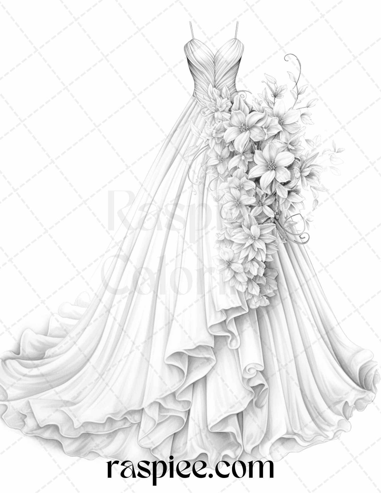 40 Elegant Floral Wedding Dresses Grayscale Coloring Pages Printable for Adults, PDF File Instant Download