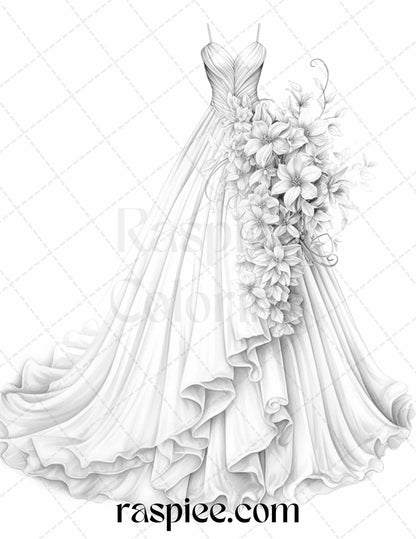 40 Elegant Floral Wedding Dresses Grayscale Coloring Pages Printable for Adults, PDF File Instant Download