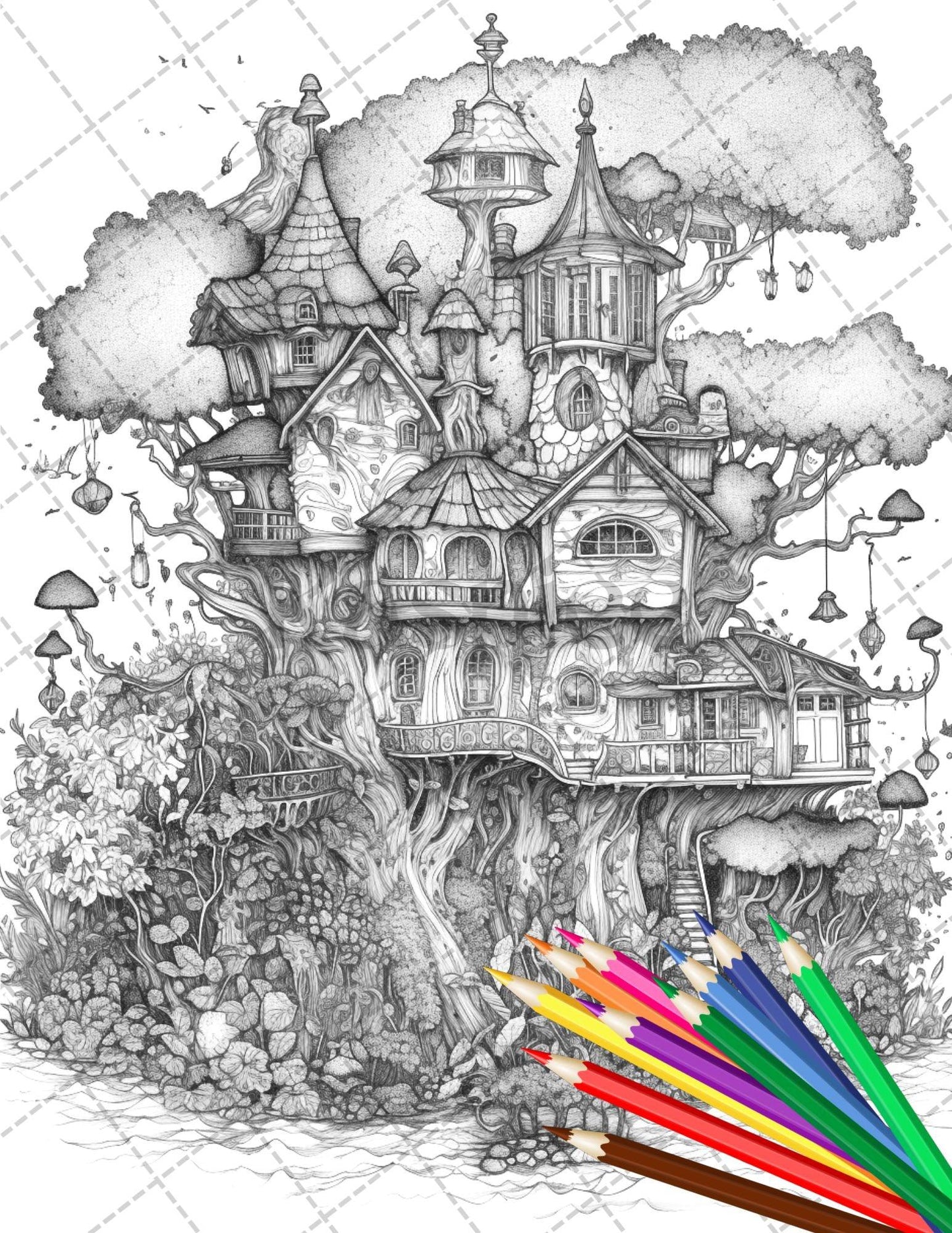 30 Fantasy Fairy Houses Coloring Page Book, Printable Adult Coloring Pages, Enchanted Fairy Home Grayscale Coloring Book, Printable PDF File